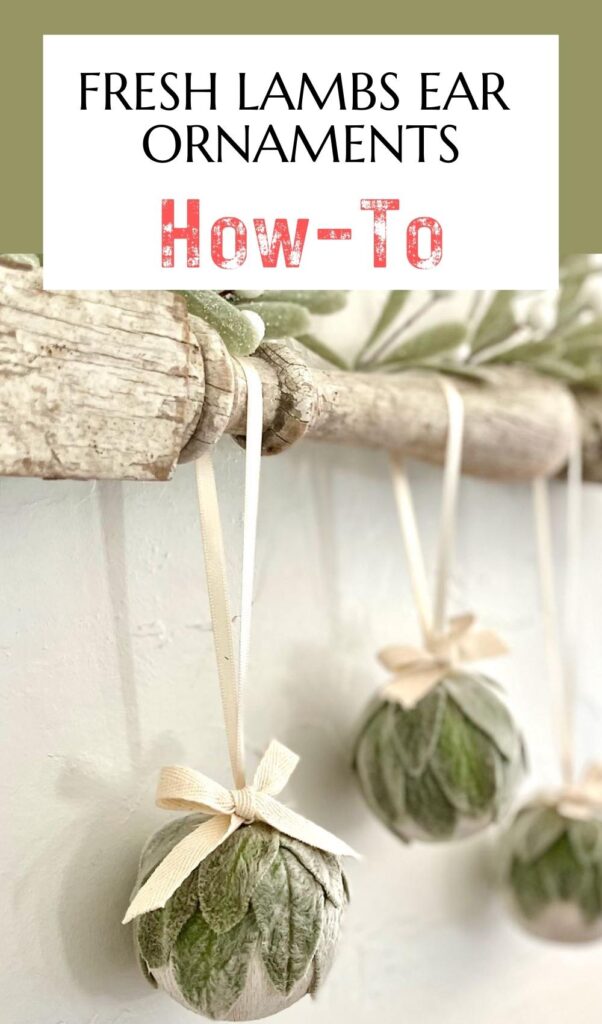 Pin image with three ornaments hanging from a vintage spindle. Caption: Lambs Ear Ornaments How-To