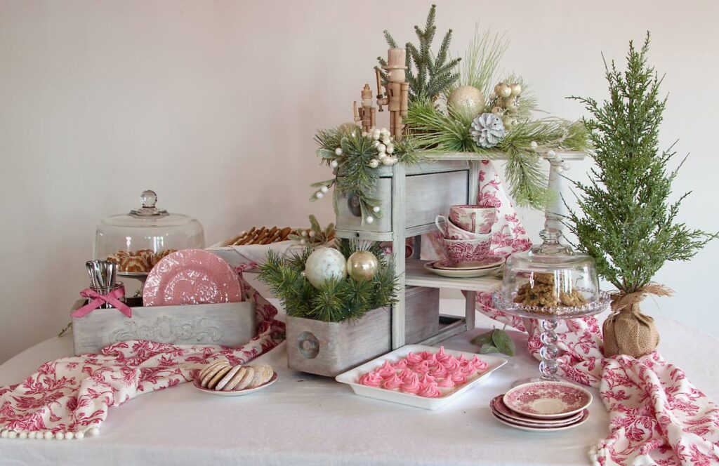 angled view of finished Christmas cookie display holding trays and plates of different Christmas cookies