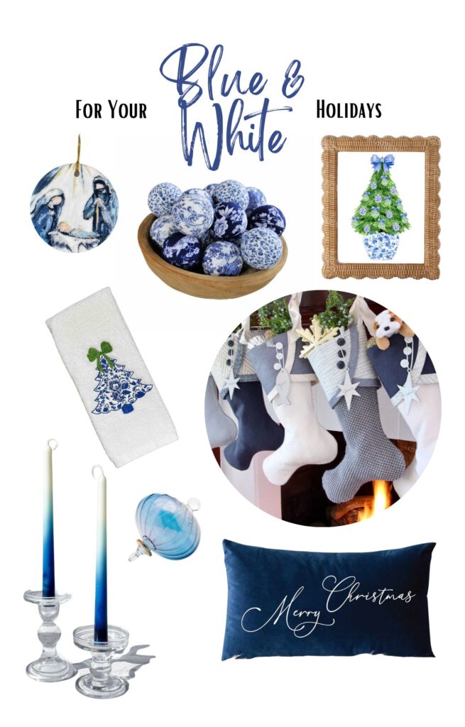 Collage of Etsy holiday decor in the blue and white theme