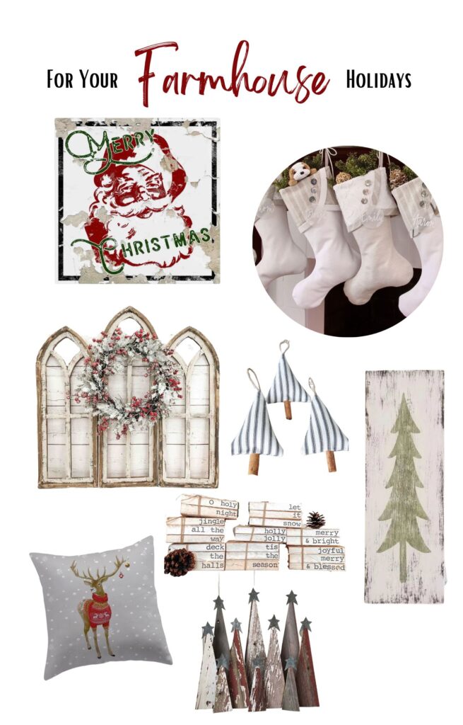 Collage of Etsy Holiday Decor in the farmhouse theme