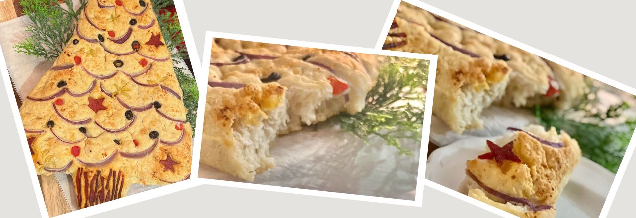Title image shows three images of the focaccia Christmas tree