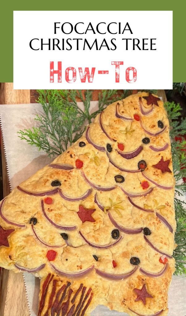 Pin with image of finished baked focaccia Christmas tree and a title of: Focaccia Christmas Tree How-To