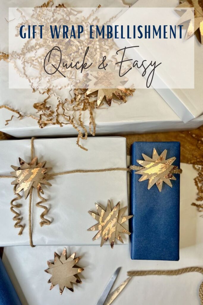 Pin with Flat Lay Group of Wrapped gifts titled "Gift Wrap Embellishments: Quick & Easy"