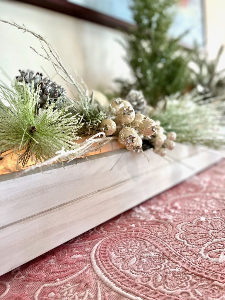 long view of the centerpiece box on a tablecloth