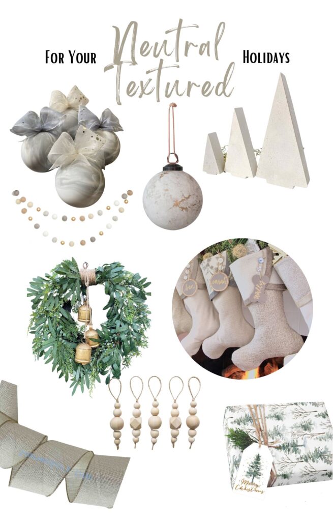 Collage of casual Neutral, Textured Christmas Decor from Etsy for a Neutral Textured Theme