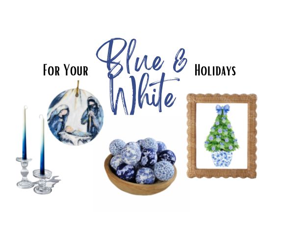 collage of blue and wgite holiday decor from Etsy