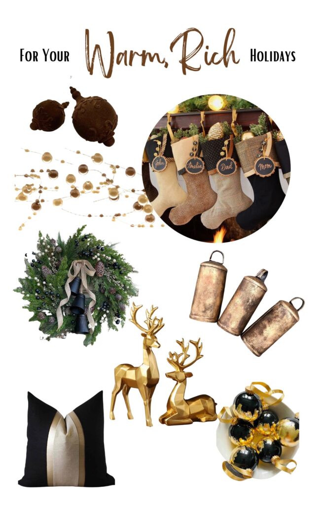 Collage of holiday decor items in a warm and rich style