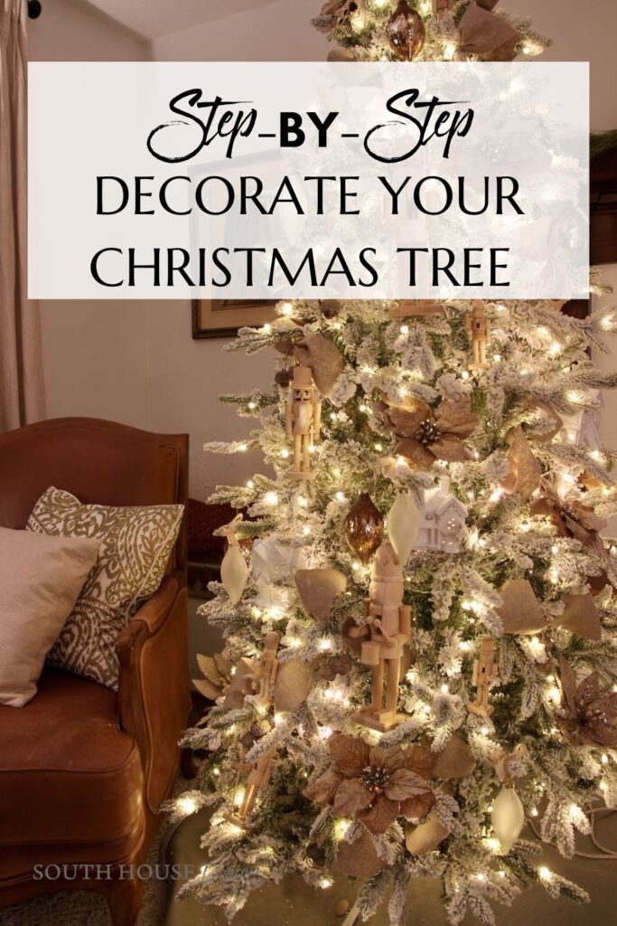 Pin with full length view of the finished tree next to a leather shair  Title: Step By Step Decorate your Christmas Tree