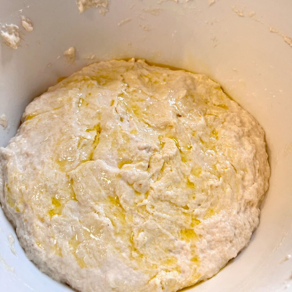 focaccia dough with a skim of olive oil of the top fills the bottom of a large bowl