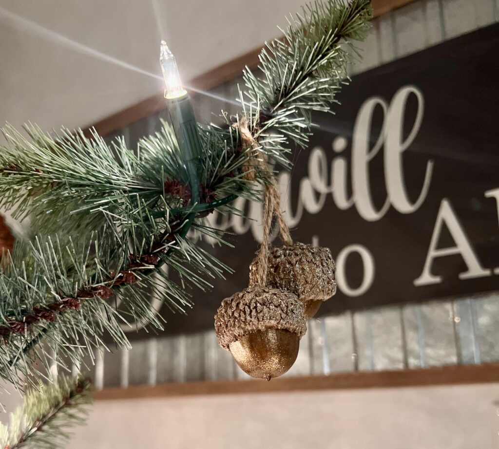 Closeup of an acorn tassel hanging on the branch of a Christmas tree with a "Goodwill to All" sign in the background