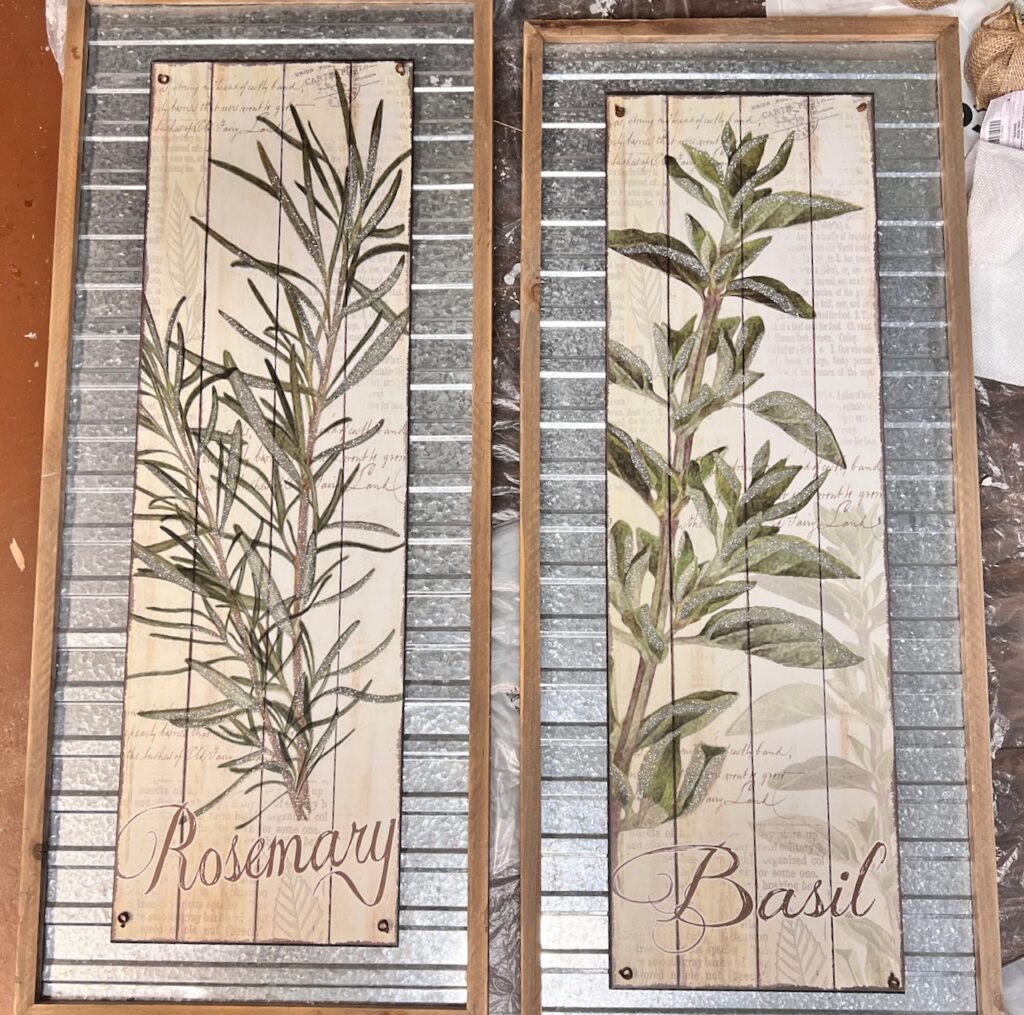 a pair of thrifted signs in simple wood frames with corrugated galvanized steel backer boards