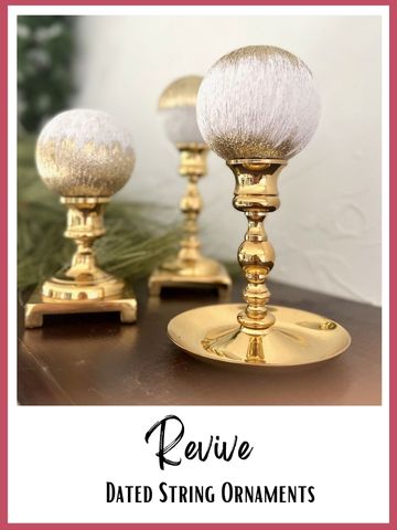 Closeup of made over vintage ornaments on brass candlesticks