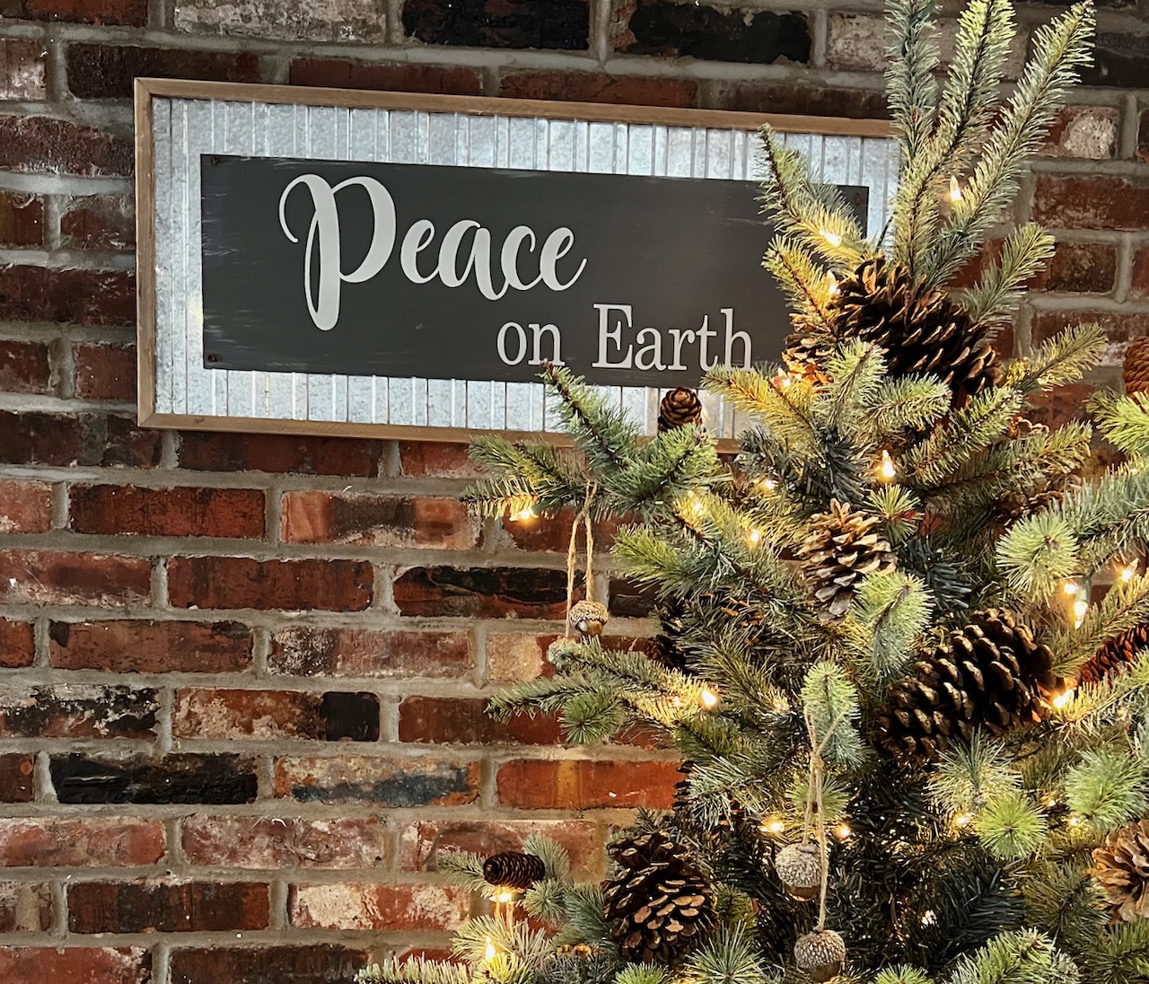 A sig on a brick wall that reads "Peace on earth" with a Christmas tree in front