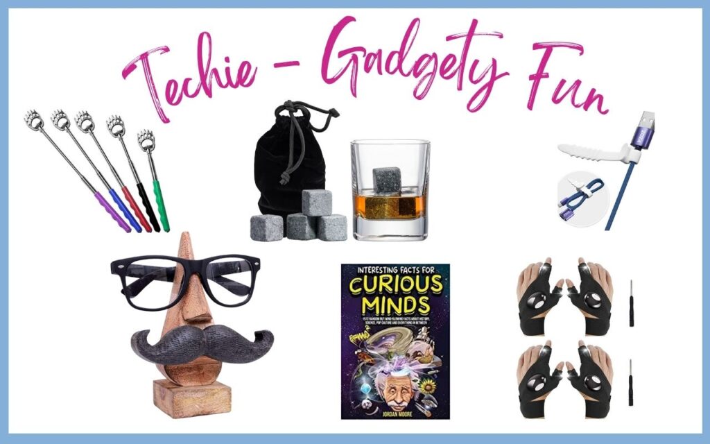 a collage of fun techie gifts for stocking stuffers