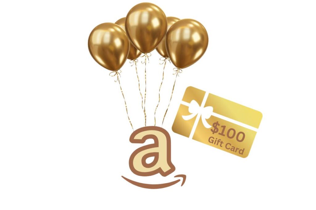 Graphic with gold balloons carrying an Amazon logo beside a $100 gift card 