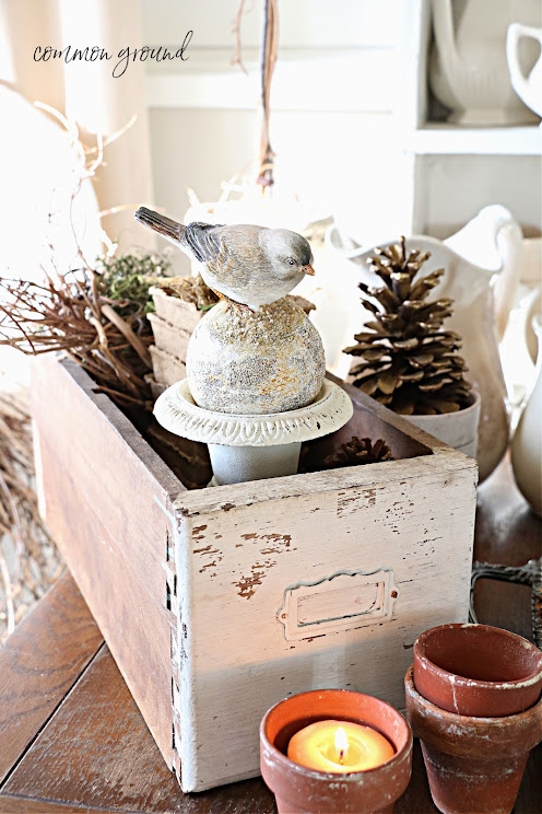 Vintage decor of a iron bird on a stand in an old drawer with a pinecone beside it