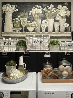 laundry room shelves organized and styled