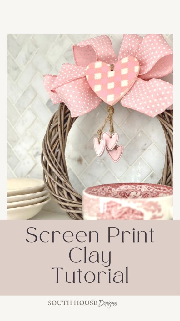 Pinterest pin showing a small wreath with gingham printed clay heart as part of kitchen open shelving display