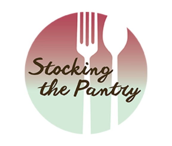 Logo featuring the text "Stocking the Pantry" over a pink-to-green gradient oval, with silhouettes of a fork and spoon, perfectly capturing the essence of Stocking the Pantry.