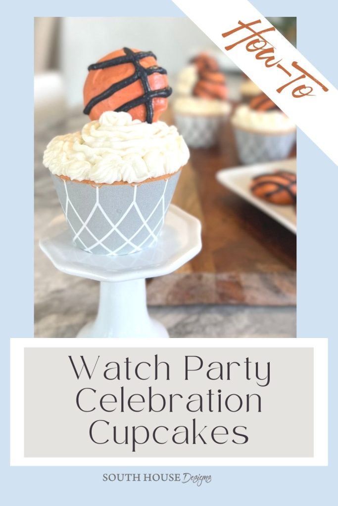 Pin showing a cupcake on a pedestal with others behind. Captioned: Watch Party, CelebrationCupcakes