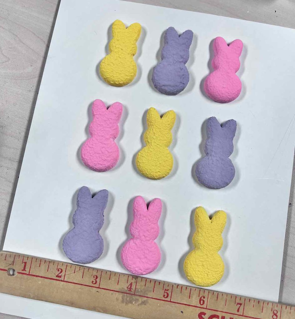 9 Clay Peeps Bunnies are arranged on a backer paper with a ruler beneath the bottom row