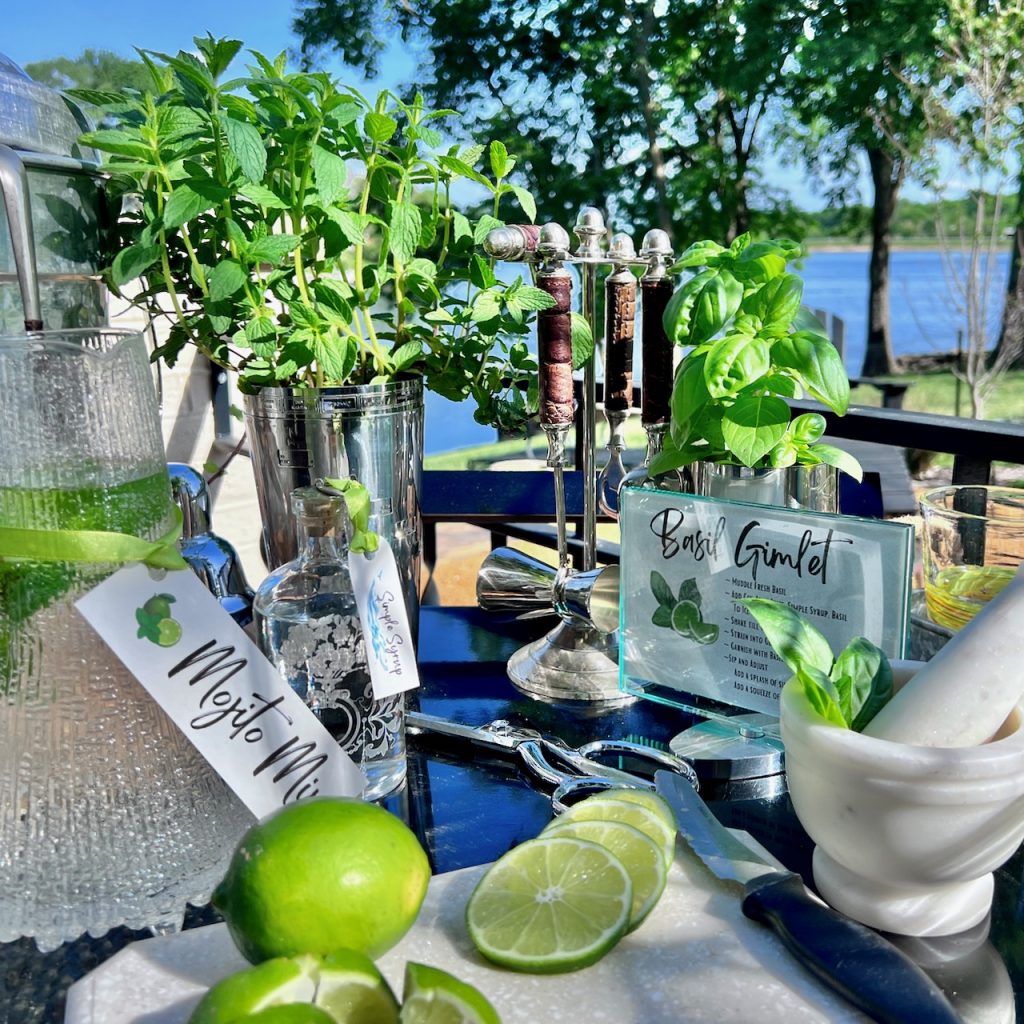 fresh herbs and supplies for cocktails on a bar cart with a lake in the background