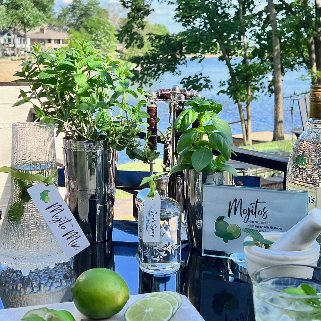 fresh herbs and supplies for cocktails on a bar cart with a lake in the background