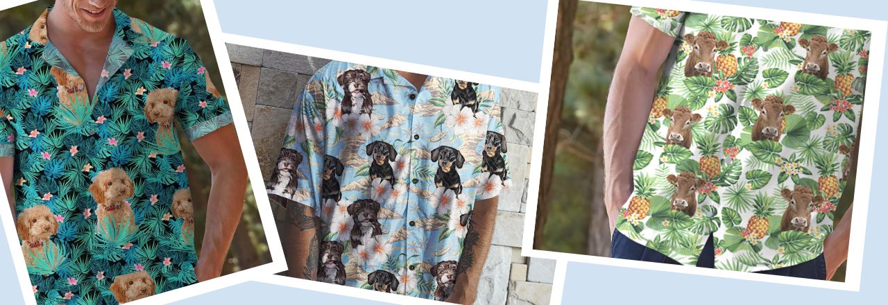 collage of three Hawaiian shirts customized with dog images