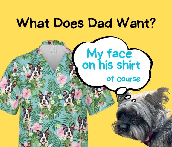 Image of a dog and an Hawaiian shirt with a title: What Does Dad Want?