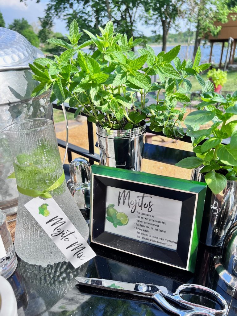 closeup of a framed mojito recipe on a bar cart with fresh mint