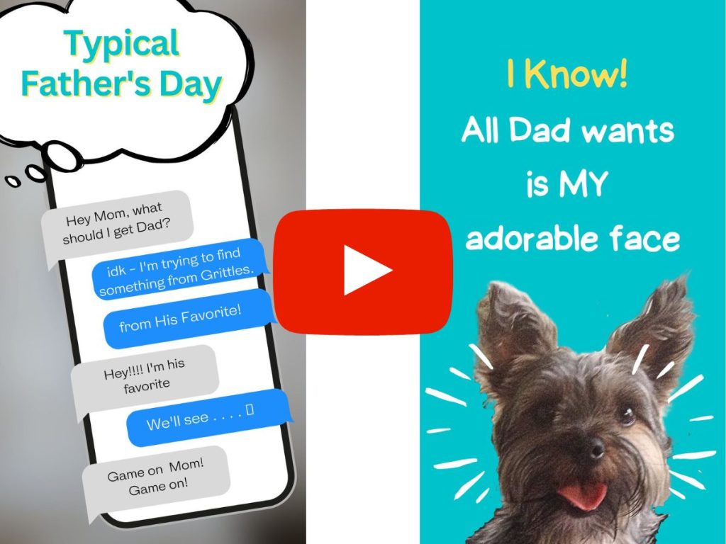 video graphic showing the first two pages of the dog dad shirt video with a play button