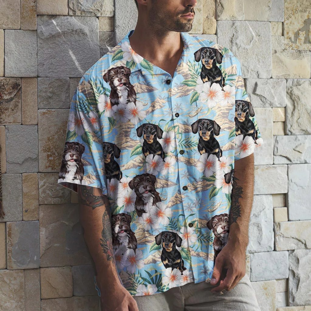man wearing an Hawaiian shirt with two different dpgs in the design