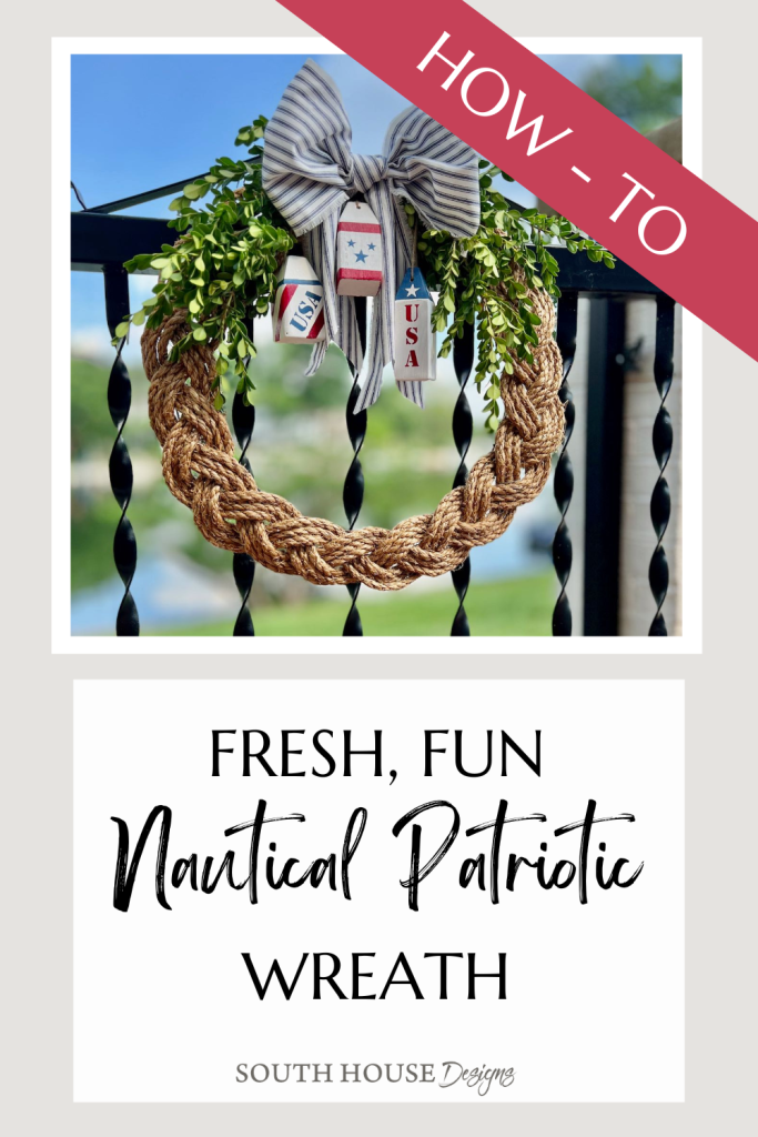 Pinterest Pin showing a patriotic wreath hanging on an iron gate overlooking a lake