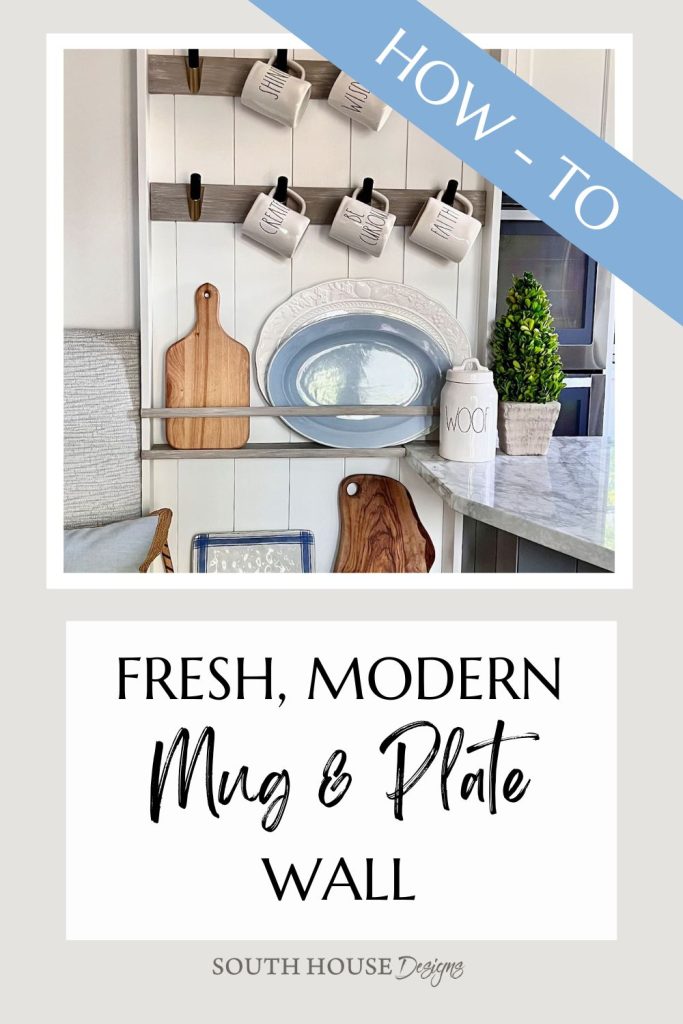 Pin with image of finished mug and plate wall above caption "Fresh, Modern Mug & Plate Wall"