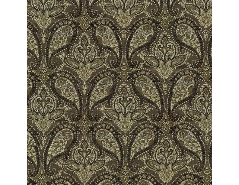 Ornate paisley pattern with intricate floral designs, featuring shades of brown, gold, and olive green—perfect for an upholstered backrest and bench cushion to create a rich, vintage-inspired textile appearance.