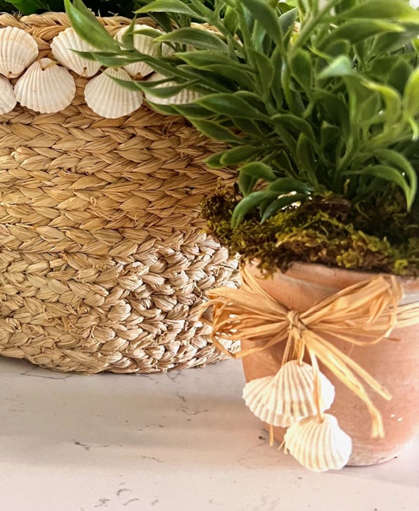 Shells hanging from a raffia bow tied around a small clay pot