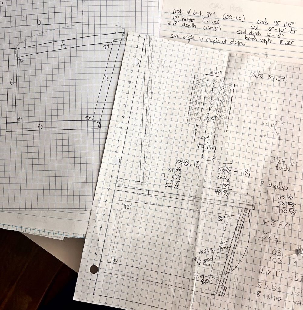 hand drawn diagram for banquette shape with lots of notes and measurements