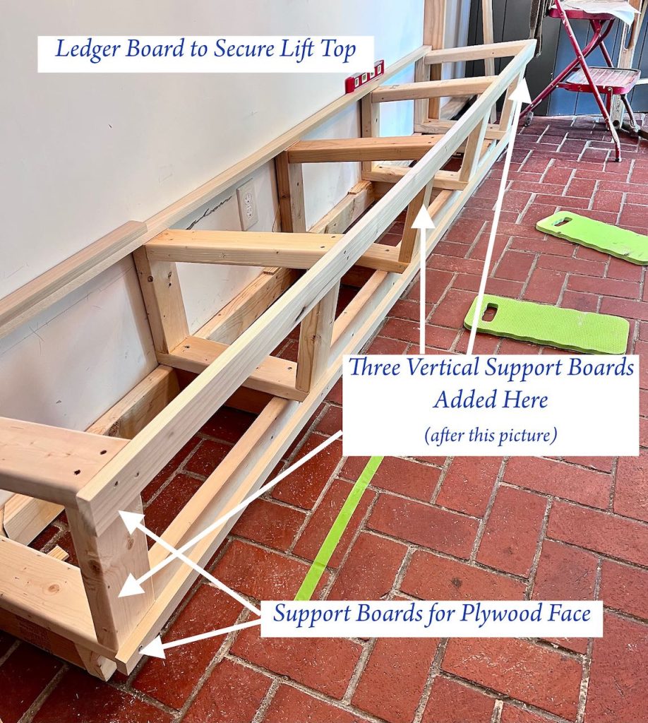 Image of the finished banquette framework with arrows marking what's to come next