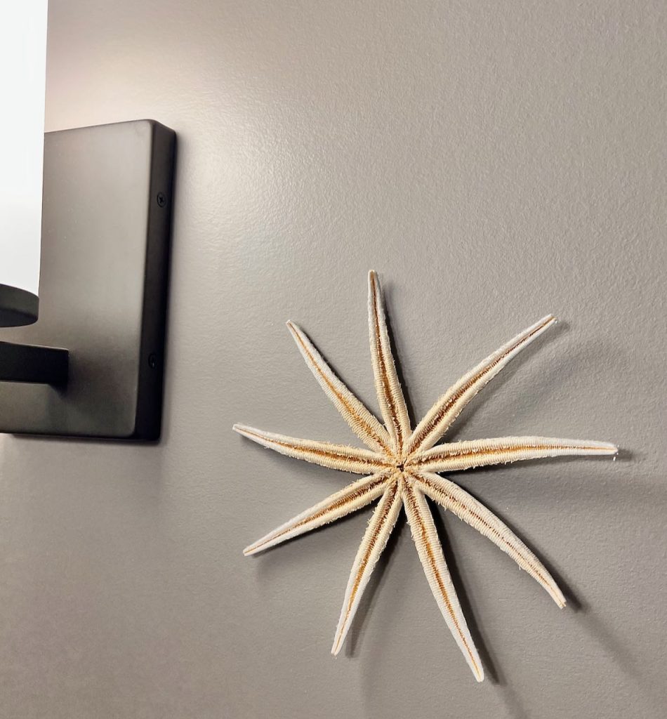 starfish hanging on a wall next to a modern light fixture