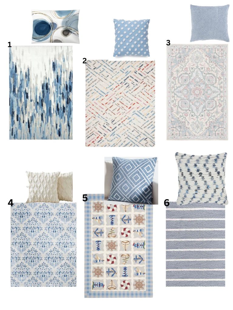 collage of area rugs and throw pillows