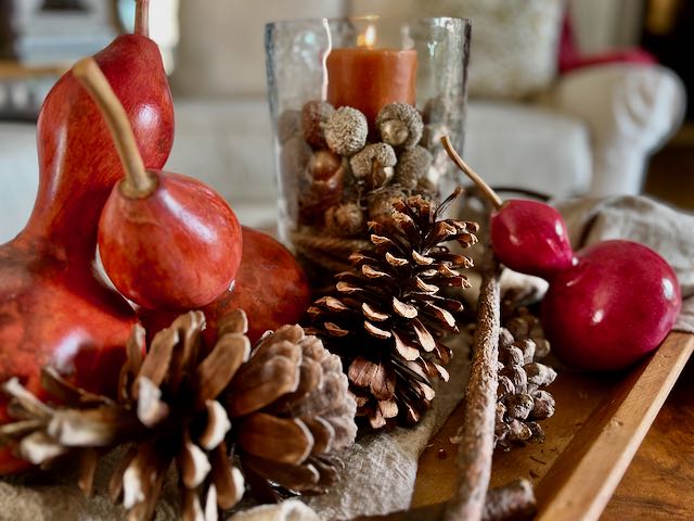 closeup of dyed gourds and pinecones in front of