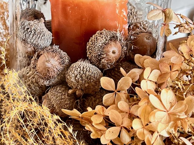 closeup of the glass hurricane filled with acorns and hydrangeas and pampas grass in front