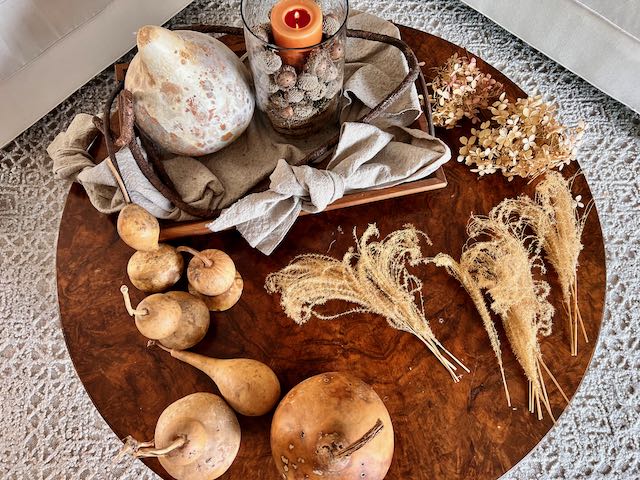 overhead view of supplies used in the foraged pampas grass Fall arrangement