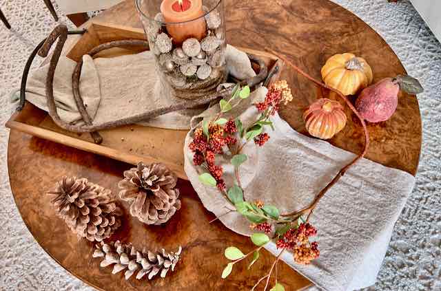 overhead view of supplies used in the traditional Fall arrangement