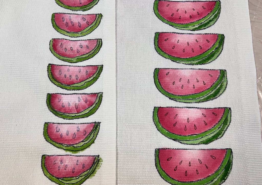 closeup of the seeds of the watermelons comparing adding them before vs. after painting