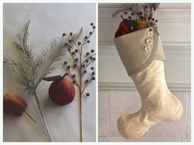 Metallic feathers, berries and fruit are shown beside an image of Christmas stocking styled with them.