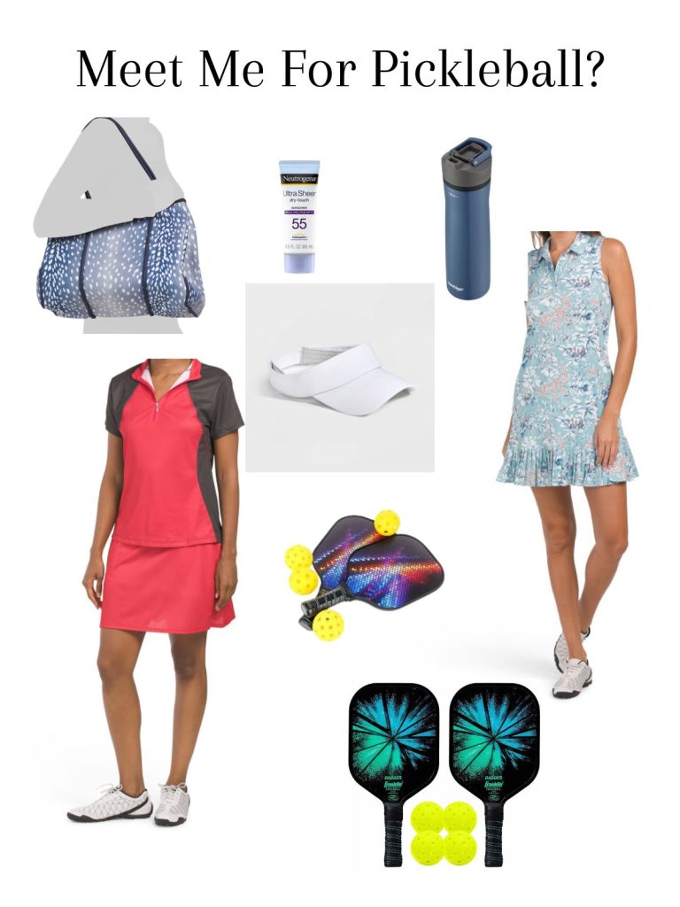a collage of outfits, equipment and su00pies used for playing pickleball.