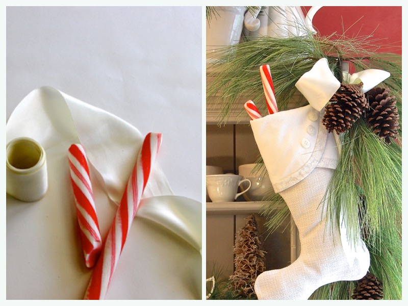 Large Candy cane and thick satin are shown beside an image of Christmas stocking styled with them.