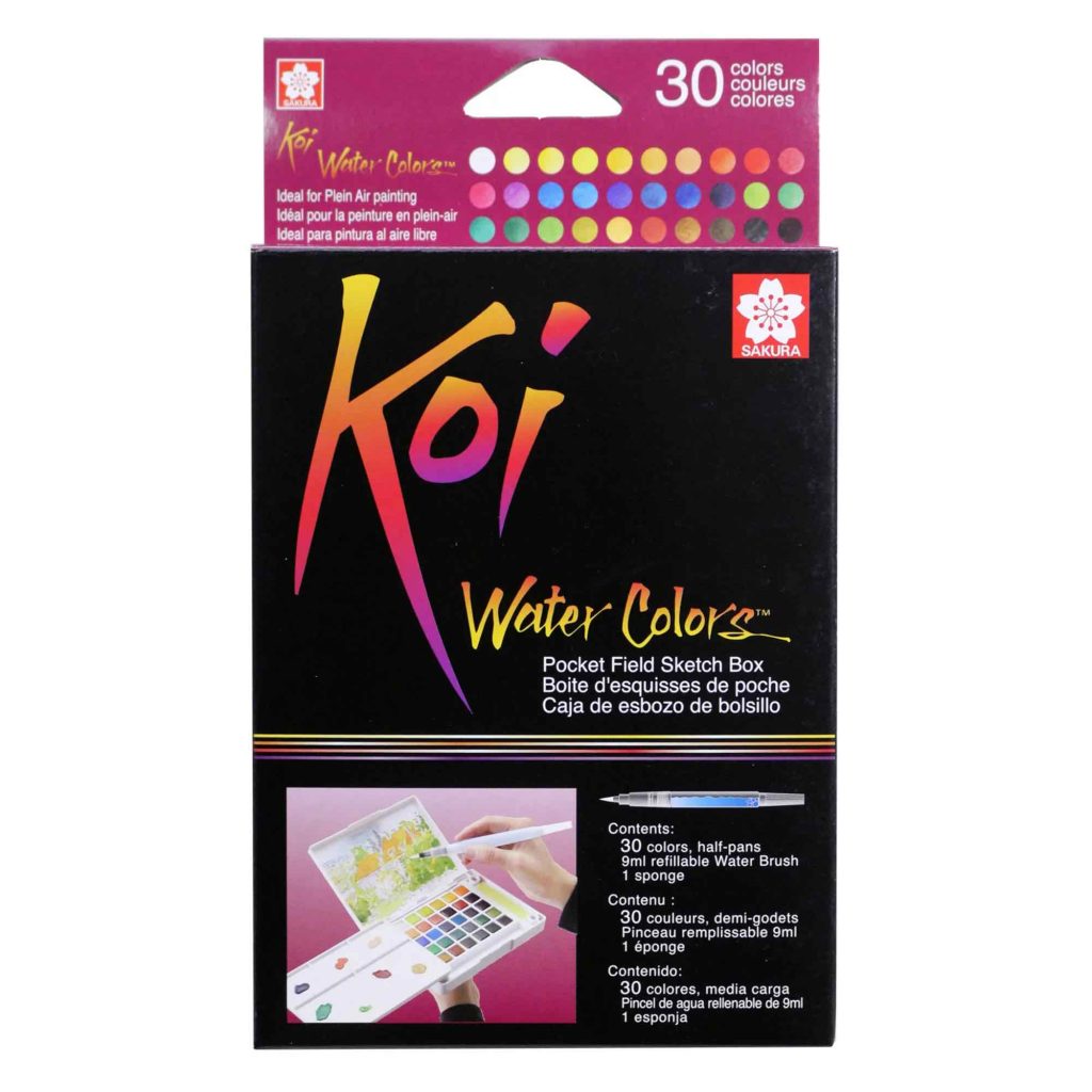 A set of 30 colors of Koi watercolors in a sketch field box