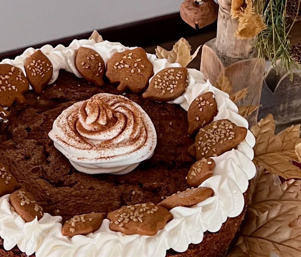 closeup view from above of the top of the decorated eggnog and gingerbread pie